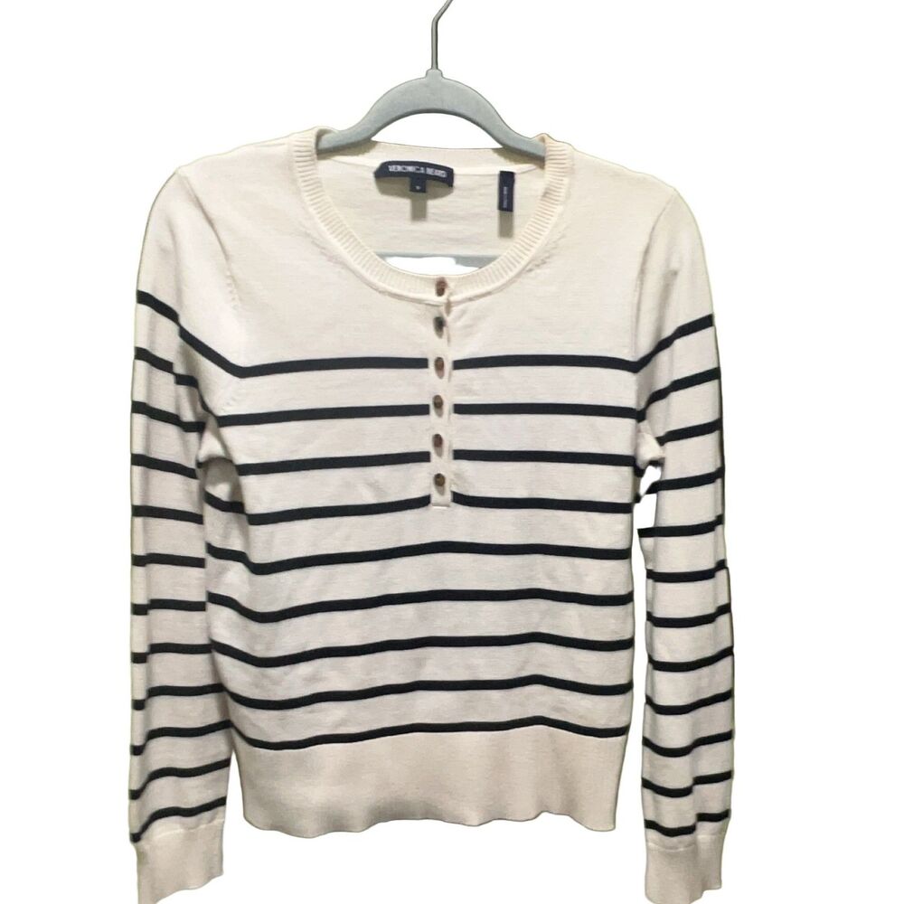 Veronica Beard Striped Henley Sweater M Cream Navy Blue Viscose Blend